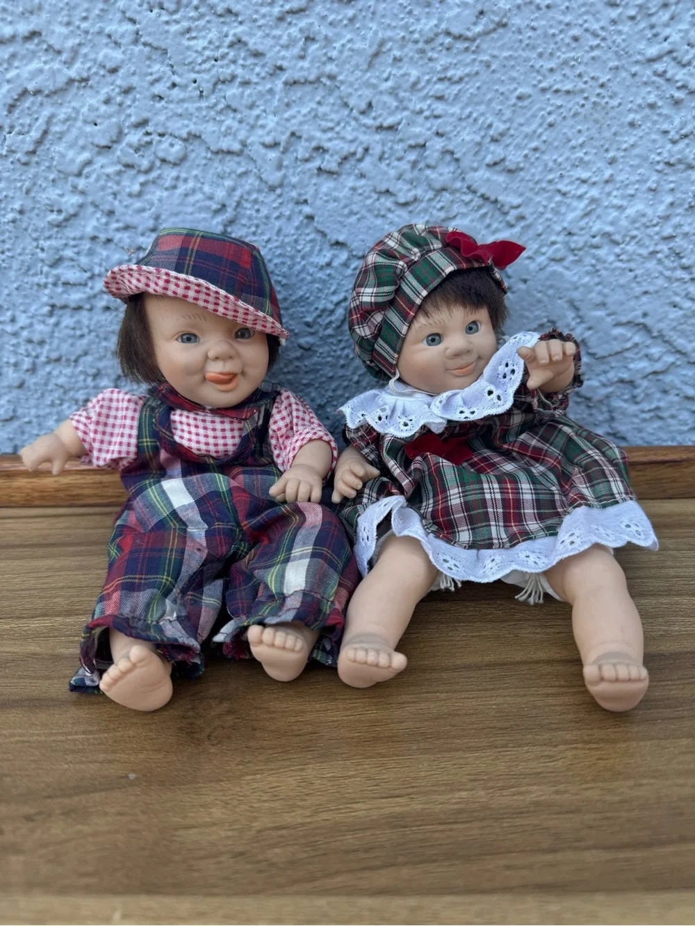 Beautiful Vintage Twin Dolls in Matching Plaid Outfits - 8”